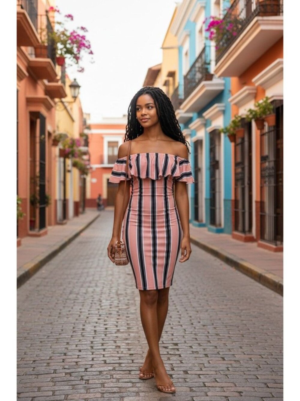 Full circle trends vertical stripe, mauve and navy, above knee dress, size M
